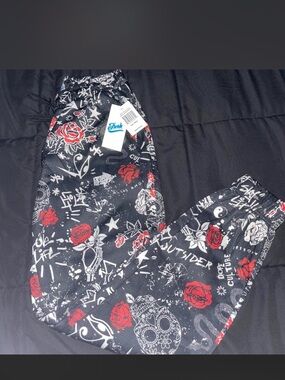 fresh Black Graphic Jogger Pants with Red & White Rose Print